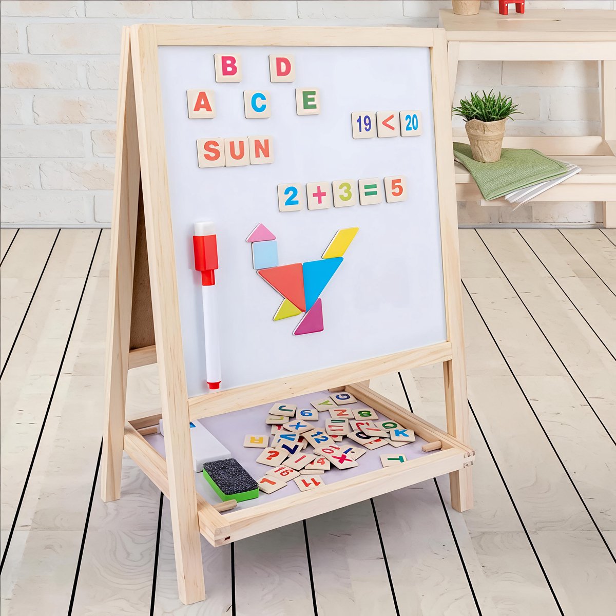 Houten Kinder Ezel Tekenbord – Magnetisch Whiteboard & Krijtbord – Educatief Speelgoed met Letters, Cijfers & Vormen – Montessori Speelgoed – Inclusief Krijtjes & Marker