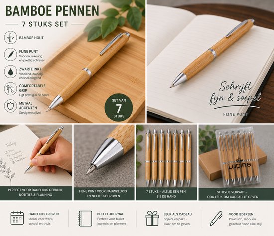 Lupine Bamboe Pennen - Houten pen met metalen onderdelen - Zwarte