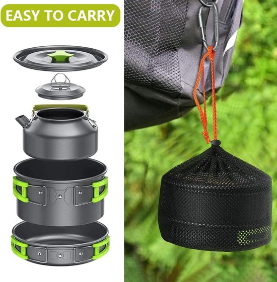 Camping kookset 7-delig – aluminium pannenset – lichtgewicht – compact – met waterketel en opbergtas — afbeelding 5