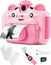 Roze kinder camera met oorjes en een bedrukte foto van een jongen op een schommel. Inclusief printrollen, polsbandje en 32GB SD kaart.