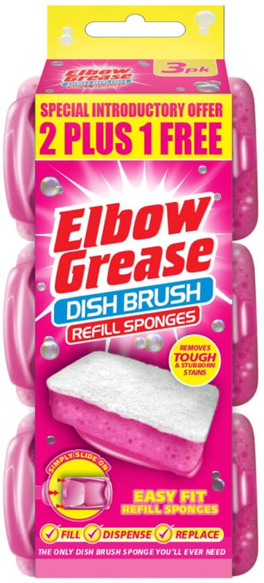 Een pak van 3 Elbow Grease afwasborstelsponzen, roze met witte schuurlaag. De verpakking toont een aanbieding '2 Plus 1 Free'.
