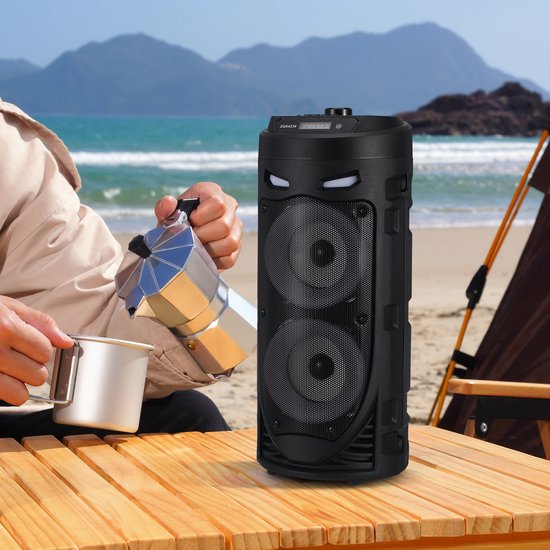 Draadloze Speaker met LED-verlichting - 8W x 2 Stereo, 1800mAh, Bluetooth 5.0 - Incl. Microfoon, Afstandsbediening & Schouderriem - Geschikt voor Buiten, Feest, Tuin of Strand - Zwart — afbeelding 5