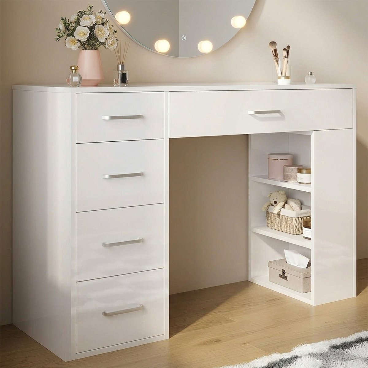 Moderne Luxe Make-up Kaptafel 120 cm Wit met 5 Laden en Open Planken – Multifunctionele Vanity / Dressing Table zonder Spiegel, Bureau en Opbergkast – Medahomestore