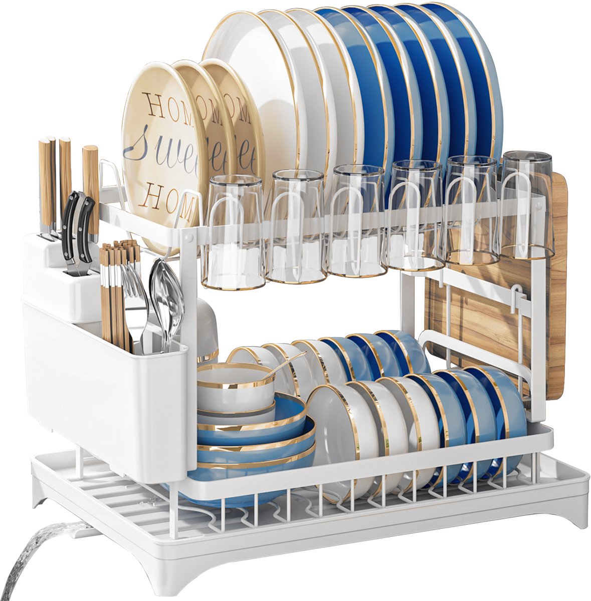 AIMASON Tweelaags Wit Afdruiprek – 42 cm L × 30 cm B × 29 cm H – Montage in een handomdraai zonder hulpmiddelen – Robuuste constructie met ruime opbergruimte – Geleverd met wateropvangbak, bestekhouder en snijplankhouder