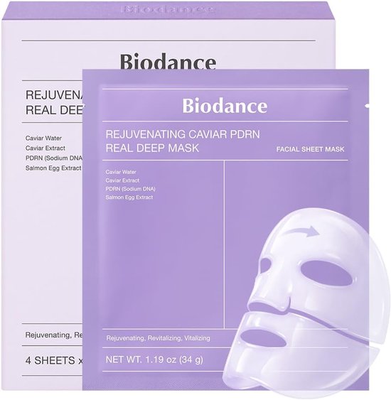 Verpakking van Biodance Real Deep Mask met 4 stuks. Paars met witte tekst. Bevat gezichtsmasker.