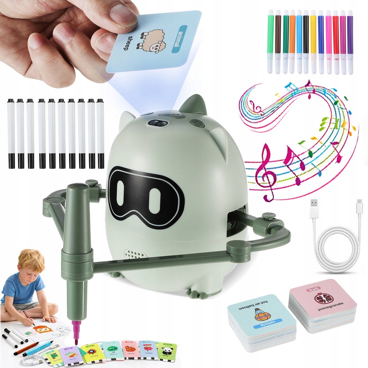 Tekenrobot voor Kinderen van – Interactief Educatief Speelgoed met 200 Tekenkaarten, 100 Stickers, Stembegeleiding, 22 Stiften & USB-C Oplaadbare Batterij – Creatief Cadeau voor 3-9 Jaar