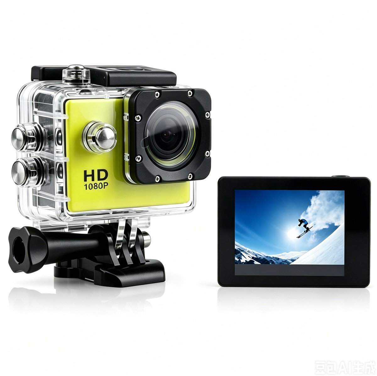Camera-Action Camera Full HD 1080P - Waterdichte Onderwatercamera 30M - Sportcamera met 140° Groothoeklens en 2.0 Inch IPS Scherm - Motorhelm Camera met 3 Uur Batterijduur - Inclusief Accessoireset-Geel