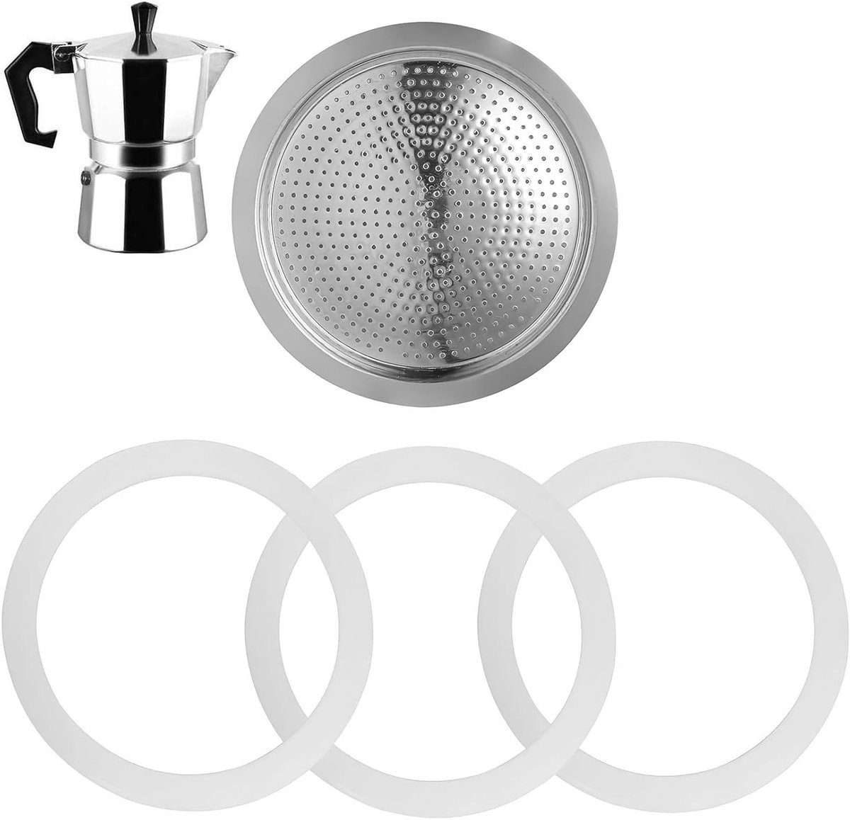 Filter voor Italiaanse Koffiezetter met 3 Rubber O-ringen, Aluminium Filter voor 6 Kopjes Koffie, Vervangingsonderdelen en Accessoires