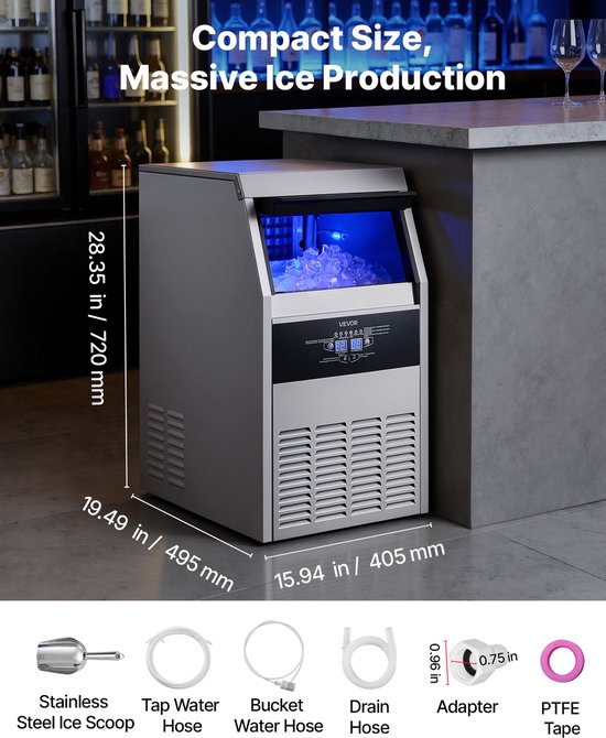 VEVOR Commercial Ice Maker Machine, 68 kg/24h met 14 kg Opslagcapaciteit, Ingebouwd/Losstaand/Onder Kast, Staalvrij Ijsmachine met Led Display & Zelfreinigend, voor Home Bar Restaurant — afbeelding 3