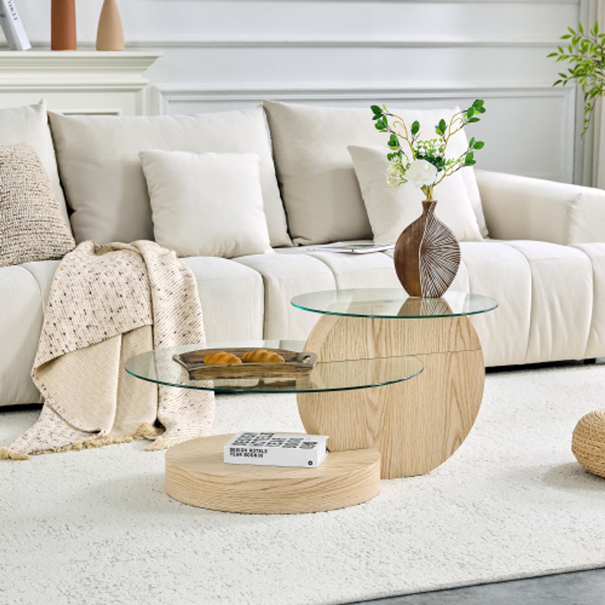 Ronde Salontafel 70 en 50 cm - Tweelaagse Koffietafel van Veiligheidsglas - MDF Onderstel met Lichte Houtlook - Transparant Naturel