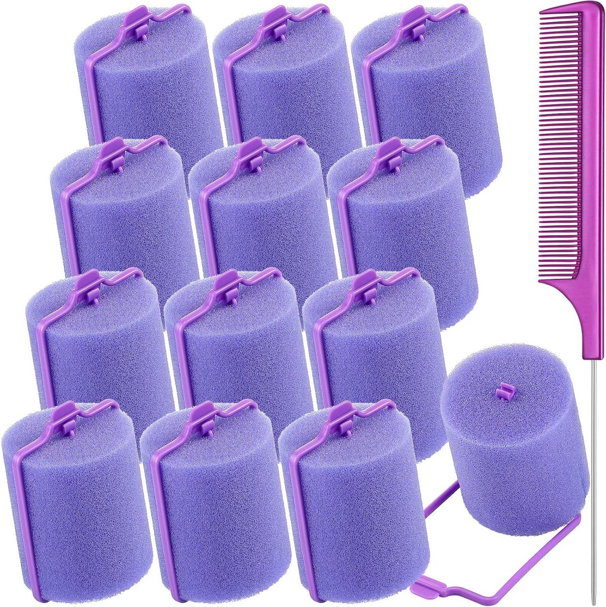 Jumbo Foam Haarrollers van 4.8 cm - Zachte en Flexibele Grote Foam Rollen met Rat Tail Kam voor Haarstyling, Paarse Set van 12