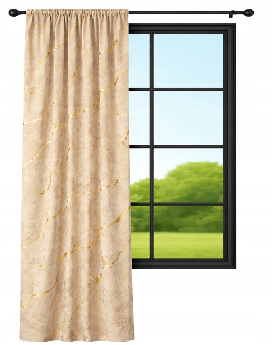 NOW-ART Marmer - Veloursgordijn - 140 x 250 cm - Beige met goudkleurig patroon Beige;Goud