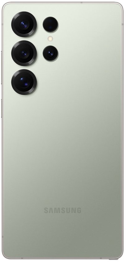 Mintgroene Samsung telefoon, camera's op de achterkant.