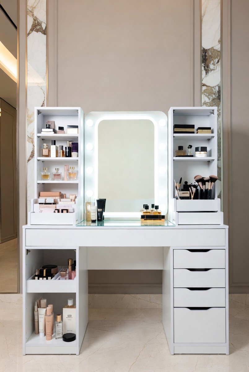 Grote make-uptafel met led-spiegel, helderheid instelbaar, make-uptafel met 4 planken en 7 laden, moderne make-uptafel met veel opbergruimte-Medahomestore
