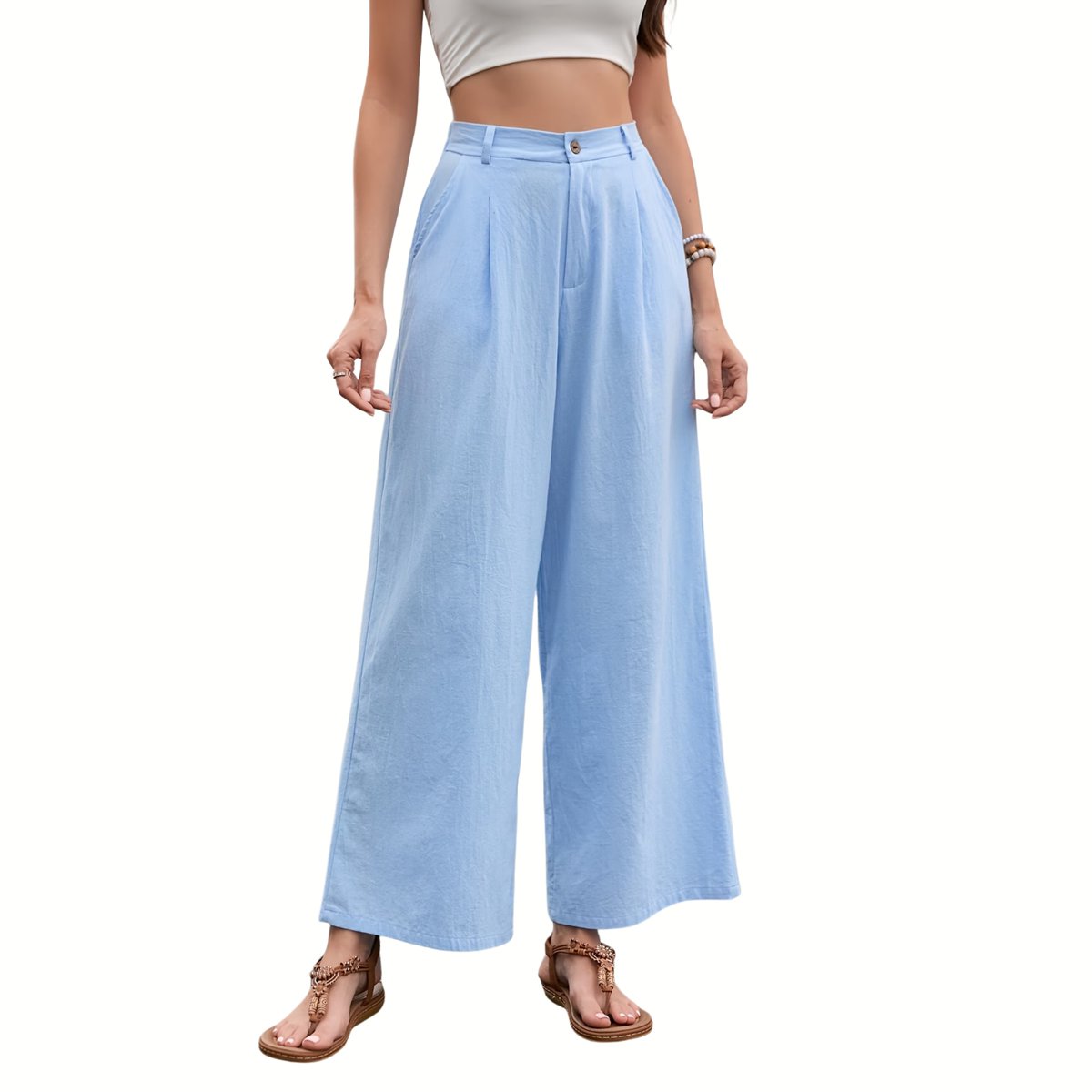 Currero Linnen Broek Dames Zomerbroek Volwassenen Lange Broek Pantalon Strandbroek Zomer Ibiza Stijl Lichtblauw