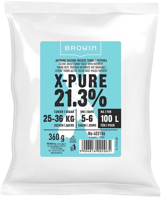 Verpakking TURBO YEAST X-PURE 21,3%, met 360g en informatie over suiker, dagen en liters.