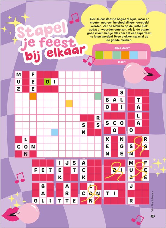 Kruiswoordpuzzel met letters en vakjes. Tekst: Stapel je feest bij elkaar.