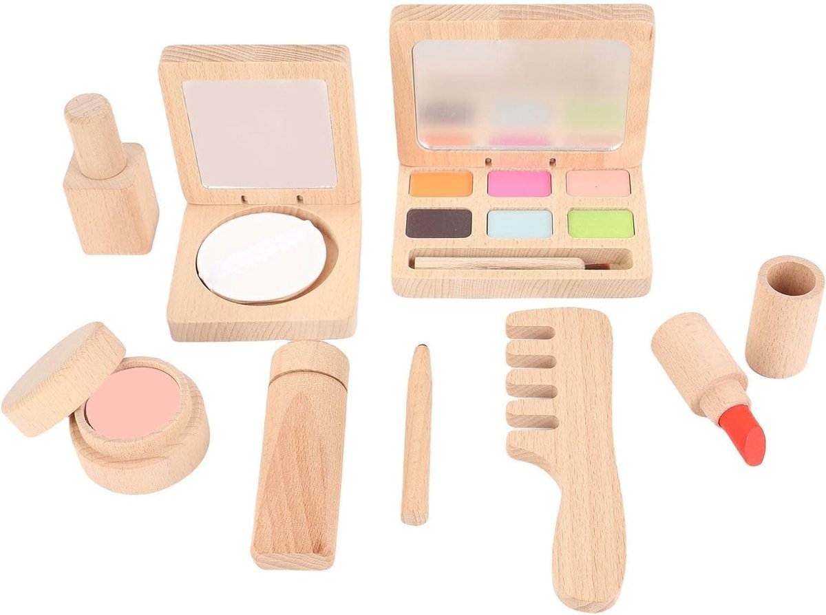 Houten Speelgoed Make-up Set voor Kinderen - Cosmetica Speelset met Lippenstift, Nagellak en Oogschaduw voor Rollenspel en Creatief Spelen voor Meisjes van 3 tot 6 Jaar