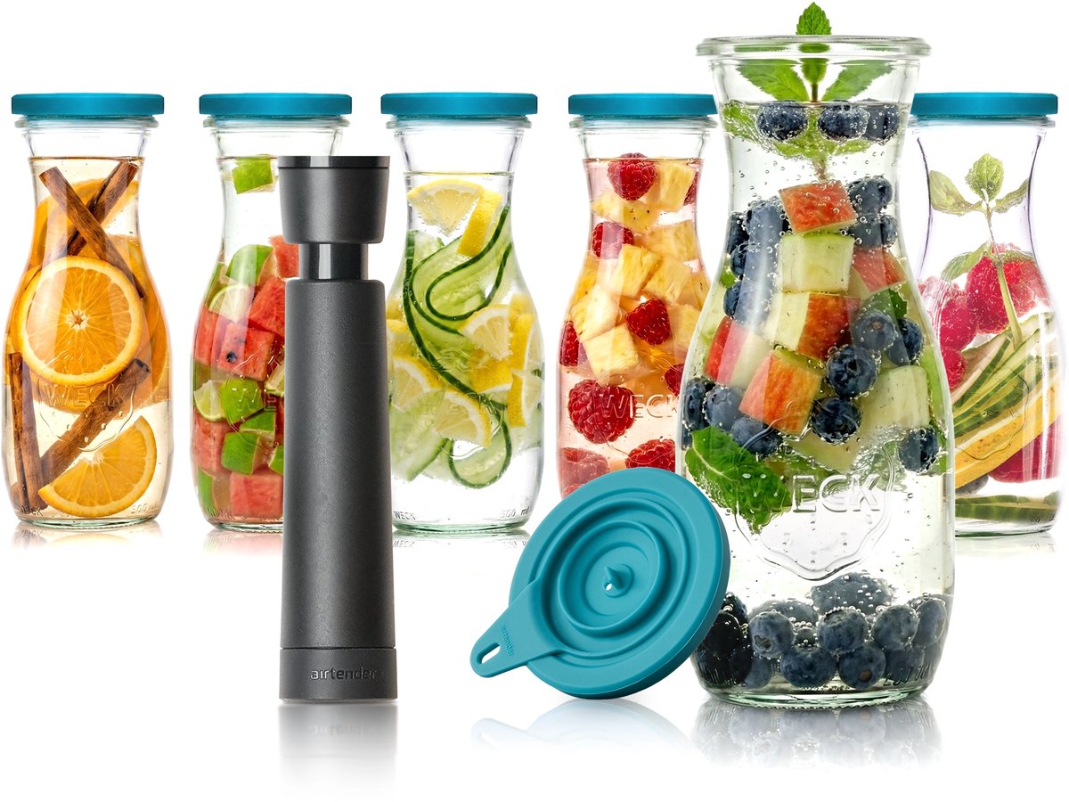 Airtender Waterkaraf 500ml (6st.) | Instant Water Infuser | 6Pack | 6x Waterkaraf van glas (500ml) | 6x Vacuümdeksel + GRATIS -pomp | Infuseer water met fruit | Plasticvrij | Zonder vacuüm te gebruiken | Vacumeer om de vitamines langer te bewaren
