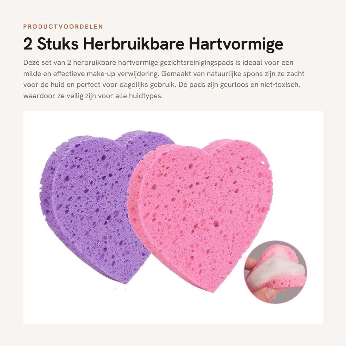 Dailygoods- Gezichtssponzen 2 Stuks - Herbruikbare Hartvormige Gezichtsreinigingspads - Natuurlijke Spons - Zacht en Comfortabel - Sterke Wateropname - Veilig voor de Huid - Reinigingspads
