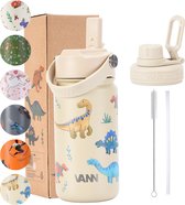 VANN® 3-Wandige Drinkfles en Schoolbeker voor kinderen met rietje in 1 – 400 ML – RVS – Met 4 accessoires – 24 uur koud/12 uur warm – Dinosaurs