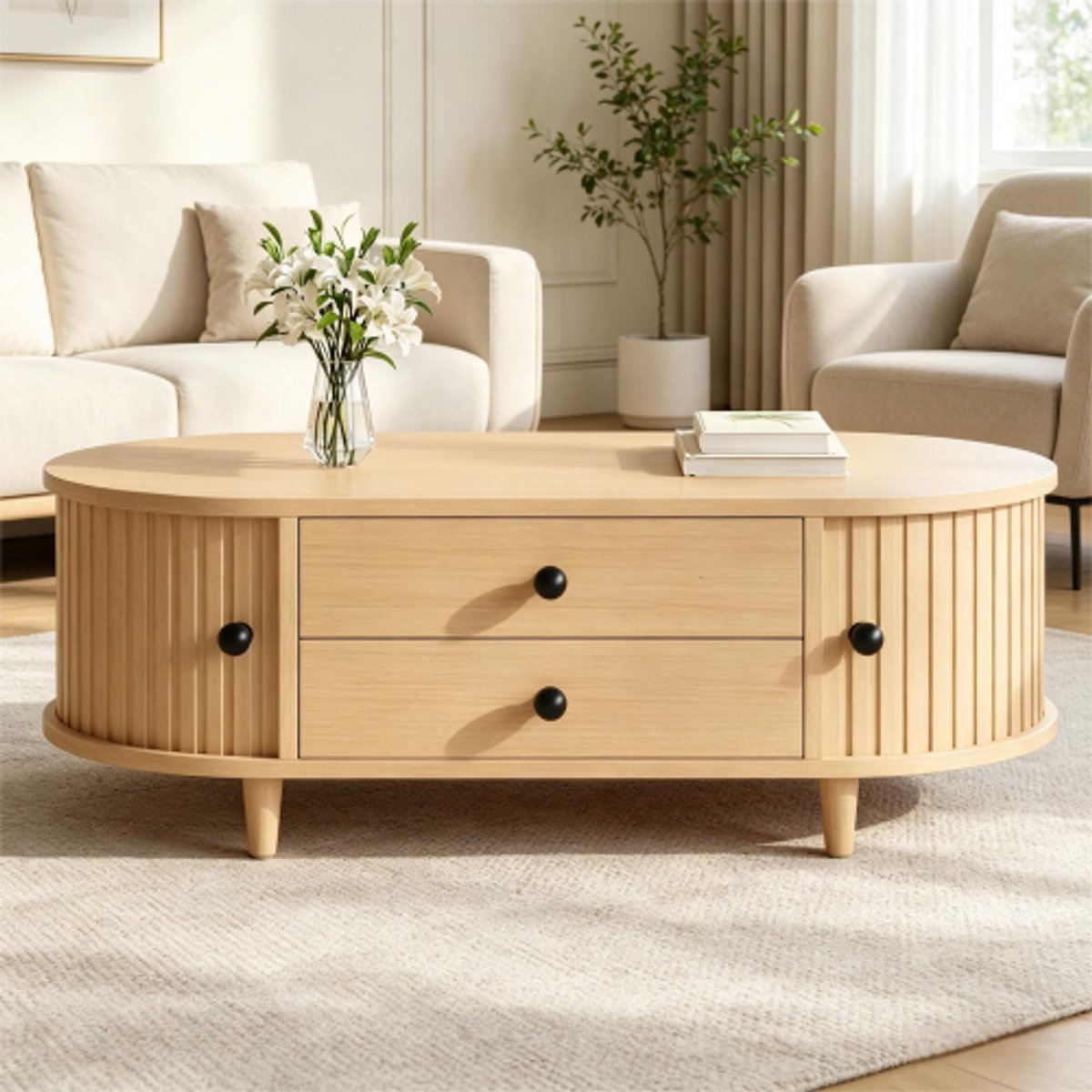 Lemlit ovale salontafel 100x50x36 cm met 2 lades 2 roldeuren en opbergruimte - naturel houtlook