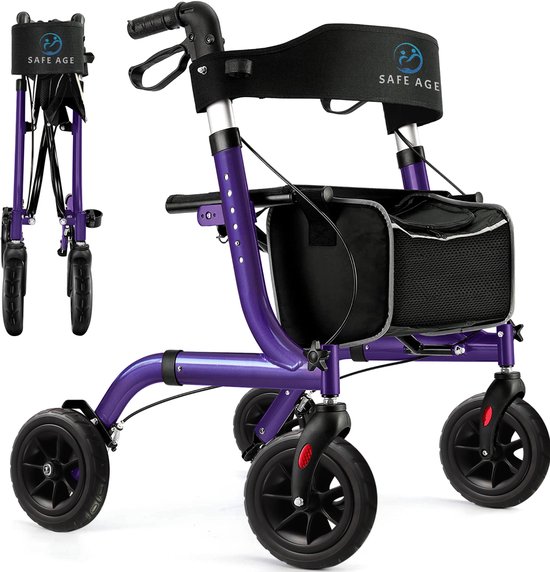 Safe Age® Rollator lichtgewicht en opvouwbaar - Rubberen wielen - zitfunctie - voor binnen en buiten - Rugleuning en wandelstok houder - Paars