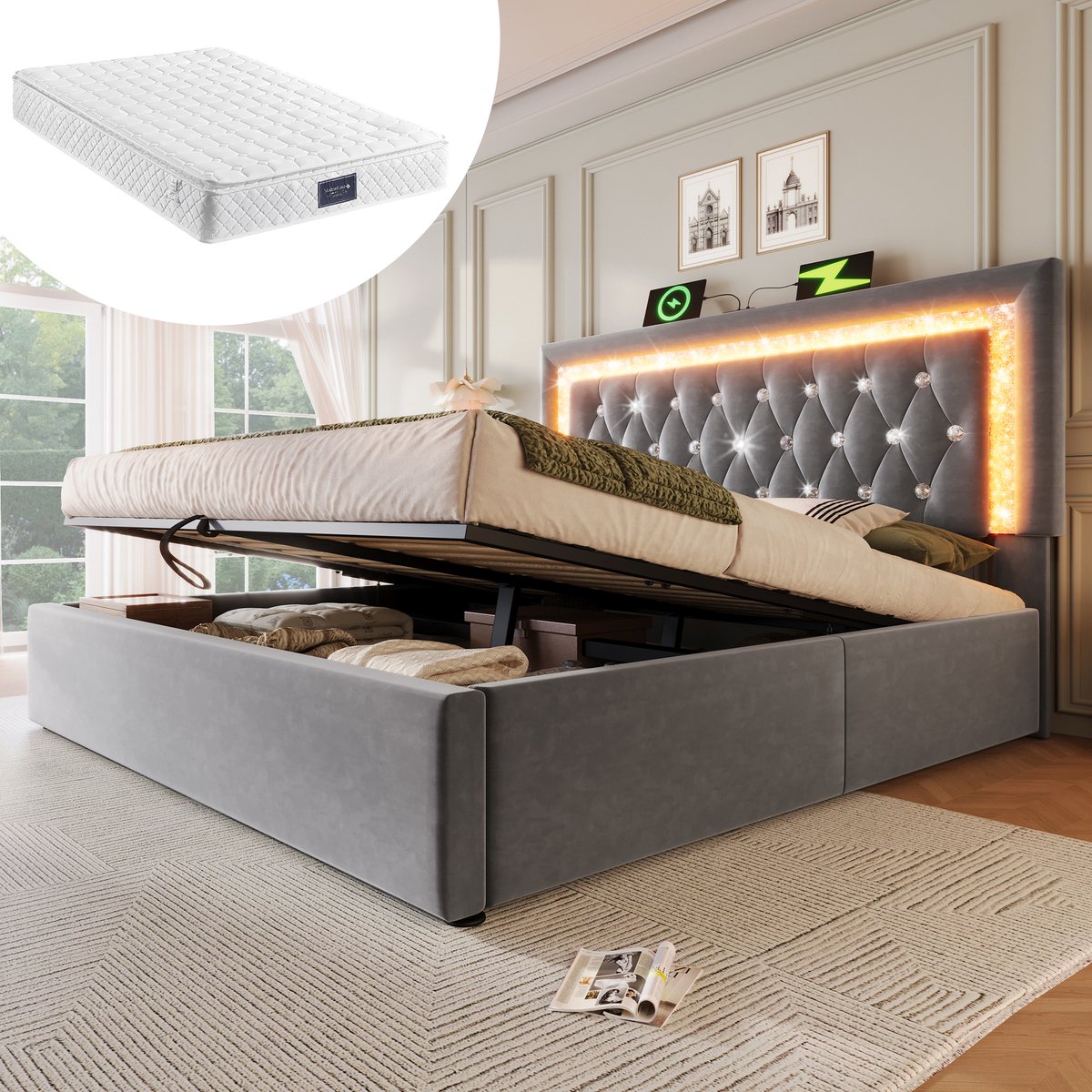 OKWISH Gestoffeerd Bed 160x200 cm - LED-sfeerverlichting in Hoofdeinde - Hydraulische Opbergruimte - Fluweel - Grijs - Met matras