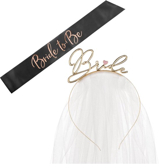 Vrijgezellenfeest bride to be - diadeem en sluier - zwart - huwelijk