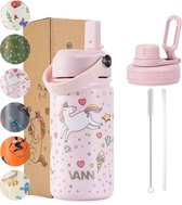 VANN® 3-Wandige Drinkfles en Schoolbeker voor kinderen met rietje in 1 – Kinder drinkfles 400 ML– RVS – Met 4 accessoires – 24 uur koud/12 uur warm – Unicorn