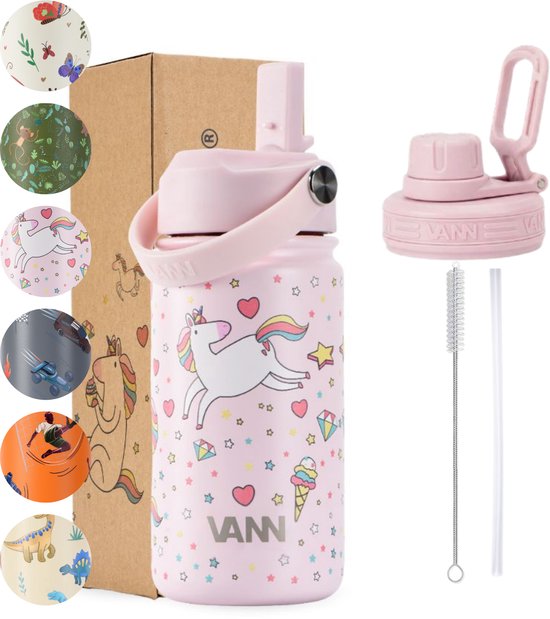 VANN® Gourde Kinder à 3 Parois avec Paille 400 ML – Gobelet d'École en Acier Inoxydable – Avec 4 accessoires – 24 heures froides/12 heures chaudes – Unicorn