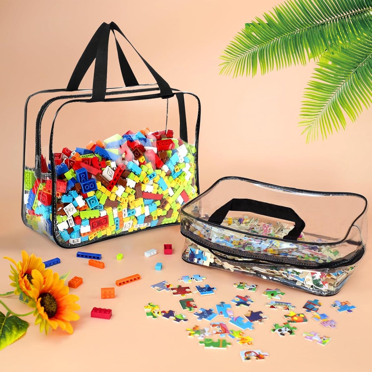 OLOEY Set van 6 grote opbergzakken voor speelgoed-herbruikbare doorzichtige PVC-opbergzakken voor bordspellen-waterdichte reistassen met ritssluiting voor bouwblokken-puzzels en kinderboeken