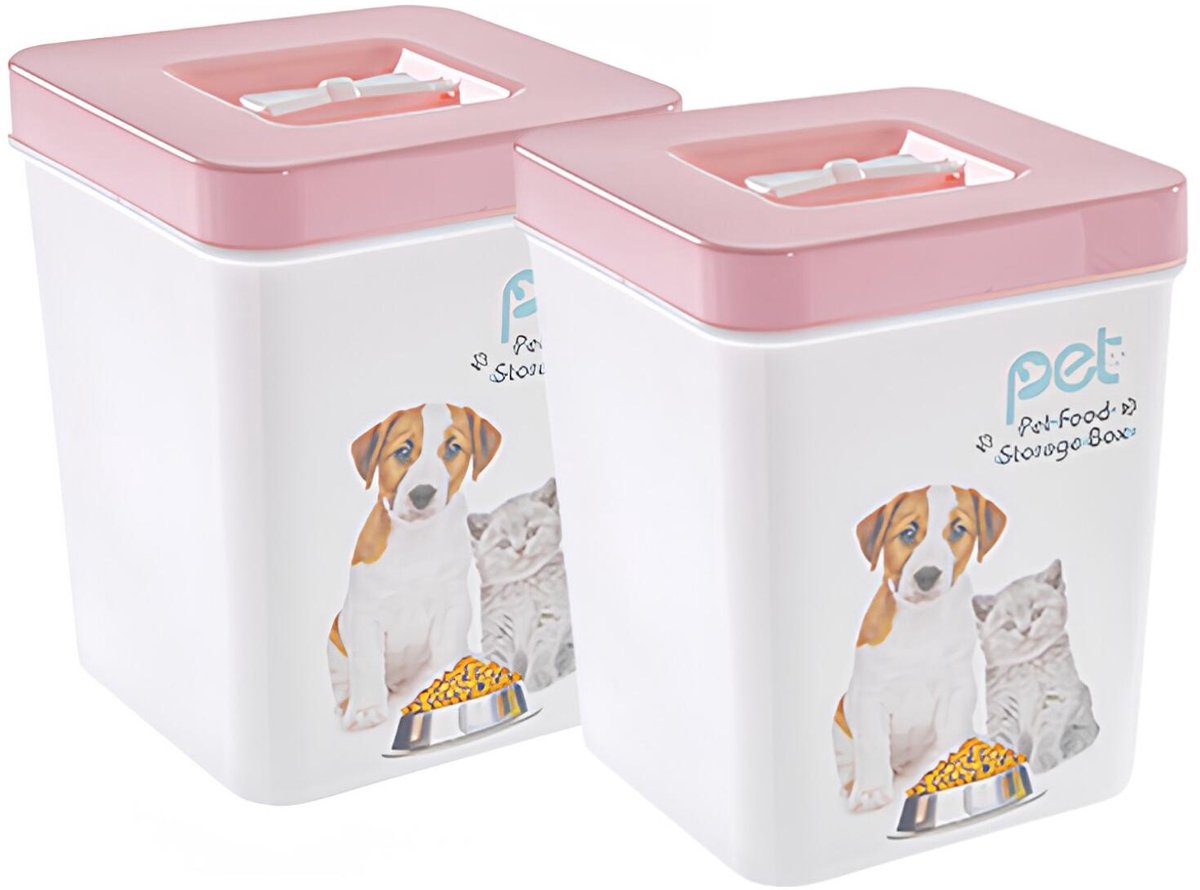 CM Huisdieren honden/katten voedsel voercontainer - 2x - voorraad box - kunststof - 3.5 liter - deksel - wit/roze
