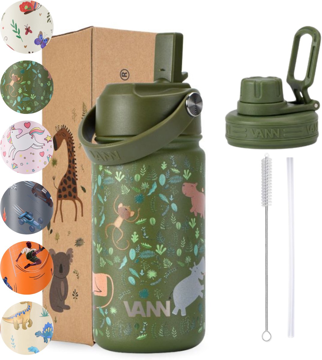 Bol.com VANN® 3-Wandige Drinkfles en Schoolbeker voor kinderen met rietje in 1 – 400 ML – RVS – Met 4 accessoires – 24 uur koud/... aanbieding