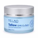 Blauwe pot met zilveren deksel van MELAO Tallow GHK-Cu Balm.