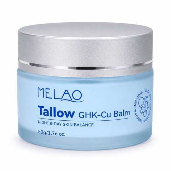 Blauwe pot met zilveren deksel van MELAO Tallow GHK-Cu Balm.