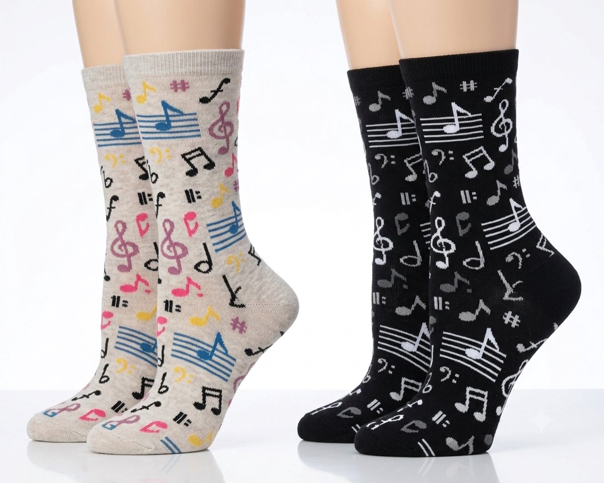 Musical Notes Bamboo Dames Crew Sokken – 2 Paar – Black / Hemp Heather – Maat (9-11)