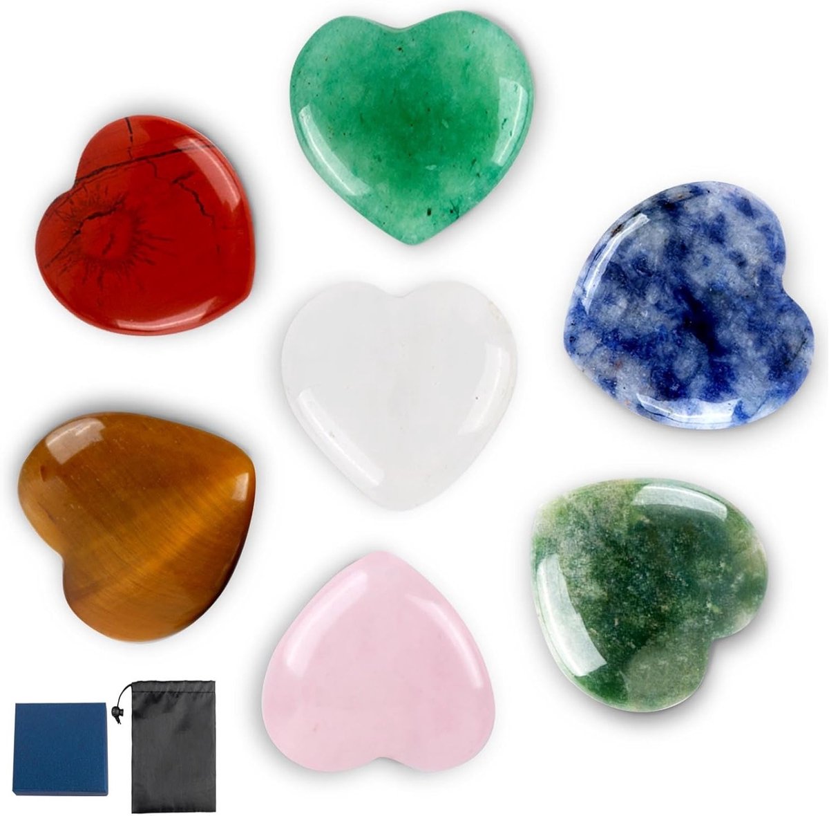 Healing Crystal Set met Rozenkwarts en Chakra Kristallen - 7 Kleuren voor Stressverlichting en Balanceren van Energieën in Sieradenbox en Opbergtas