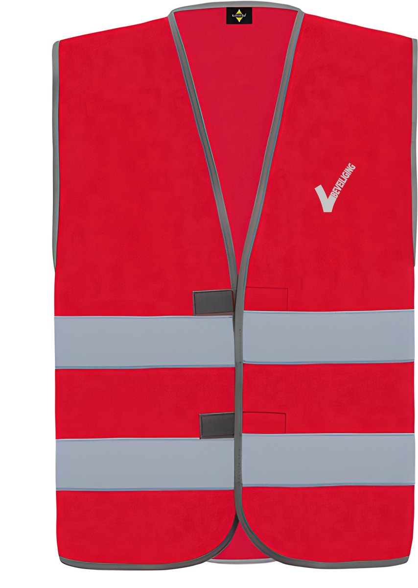 Rood veiligheidshesje met reflecterende strepen EN met Beveiliging / Security met als borstlogo het bekende V-tje en als ruglogo SECURITY - voor PROFESSIONALS, merk ROLY Maat 5XL / 6XL