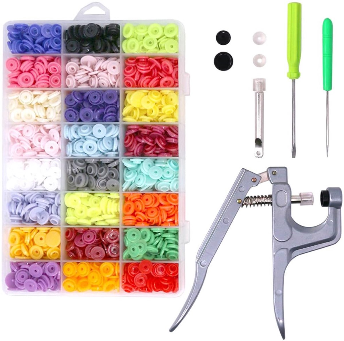 OUYLAF Drukknopen Set - 384 Stks 24 Kleuren Plastic T5 Snap Knoppen met Snaps Tang Set - drukknopen met tang - Drukknoop Installeren Tang - DIY - voor Kleding, Doek Luiers met Organizer Opslag Containers