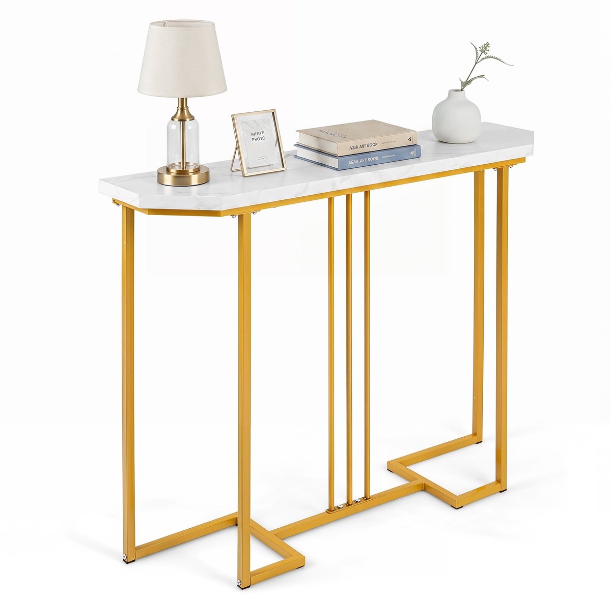 COSTWAY Consoletafel, smalle haltafel met geometrisch metalen frame & waterbestendig marmerlook tafelblad, haltafel voor gang, woonkamer & entree, 110 x 30 x 91 cm