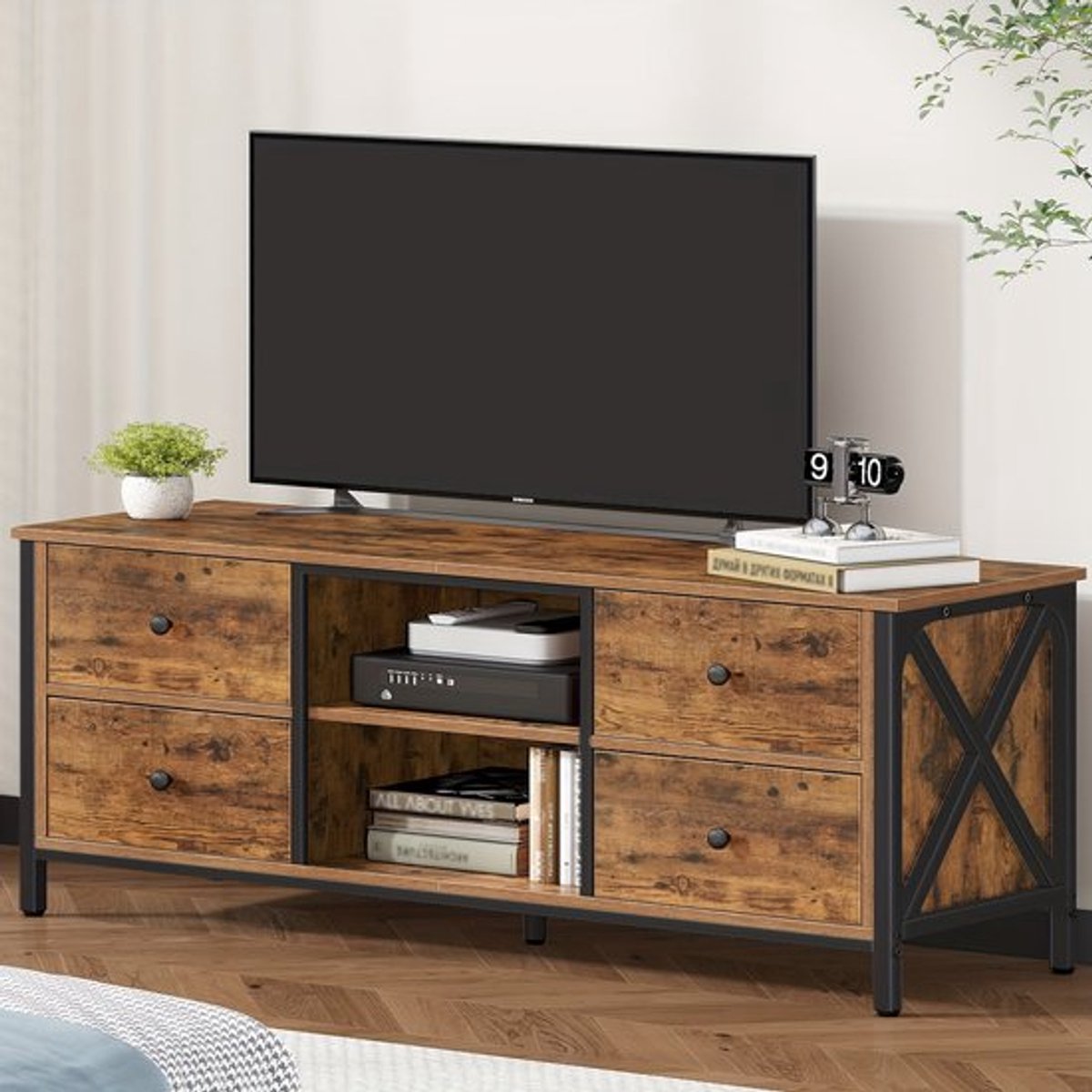 Tv-meubel – TV-kast – TV-meubelset – TV-standaard – Entertainmentmeubel – Retro bruin en zwart – 4 Laden – Geschikt voor TV tot 55 inch