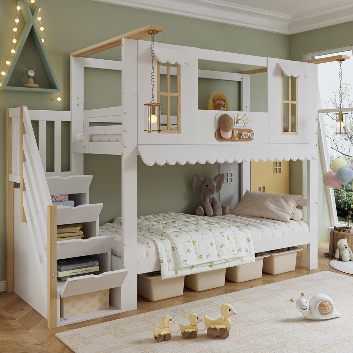 KOMHTOM - Stapelbed - 90 x 200 cm - Opbergtrap en ramen - Grenen + MDF + multiplex - Wit + naturel