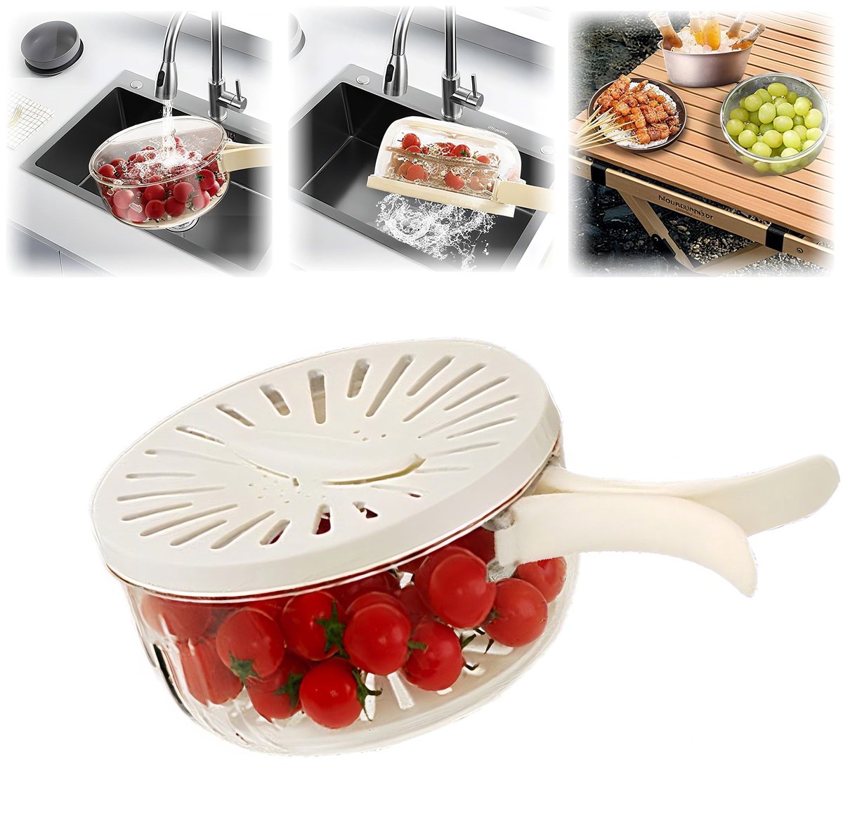 Fruitwasbak - 2-in-1 multifunctioneel met filter en deksel afdruipmand voor keuken koelkast kamperen en picknick buiten gebruik