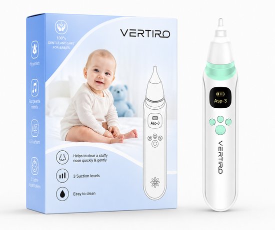 Doos van de Vertiro neusreiniger met een baby erop, naast de witte neusreiniger zelf en 3 siliconen opzetstukken.