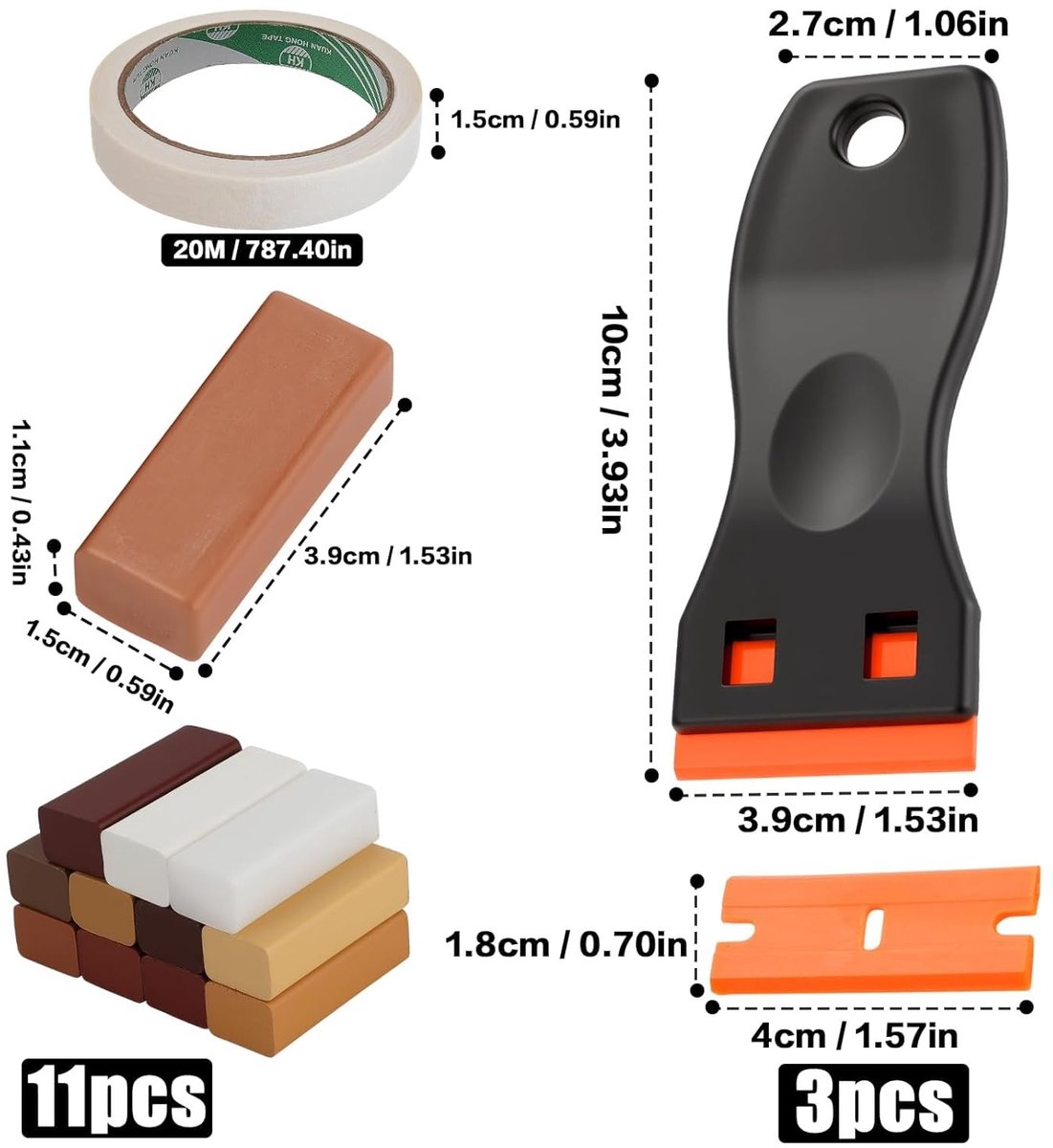 Complete Reparatieset voor Laminaat en Hout, 11 Kleuren, Hard Wax voor Vloeren, Meubels en Muren, Inclusief Schraper voor Krassen en Gaten