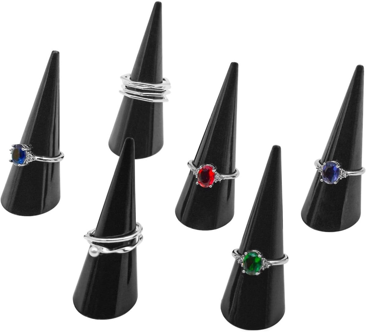 Acryl ringhouder set van 6, kegelvormige ring displaystandaard voor sieraden, winkelorganisatie en decoratie (zwart)