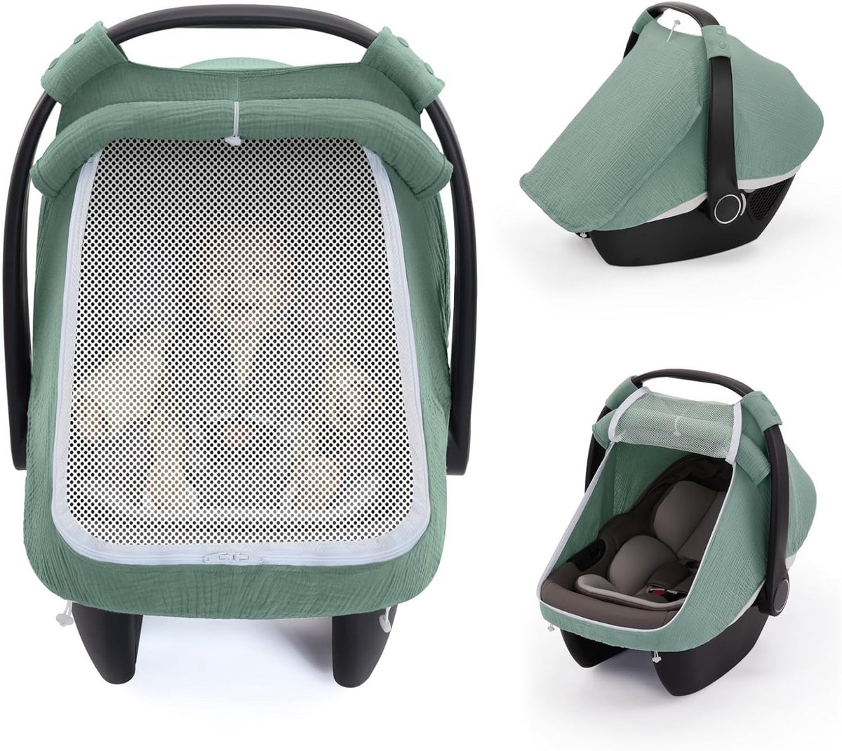 Zonnebescherming voor Babyzitje met Kijkvenster, 2-in-1 Muslin Cover met UV Bescherming, Insectenbescherming en Borstdoek, Geschikt voor Maxi Cosi, Cybex en Joie, Ideaal voor Kinderwagens en Fietstrailers