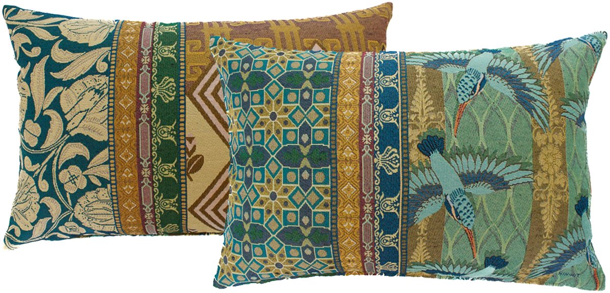 NIN-NIT - Royal Kingfisher - Paleis Het Loo - kussen - 100% geweven katoen - 40 x 60 cm - sierkussen met ijsvogel - tulpen - natuurprint - bloemen - blauw - groen - beige - roze - turquoise - multicolor - oranje - geel - bruin - rood