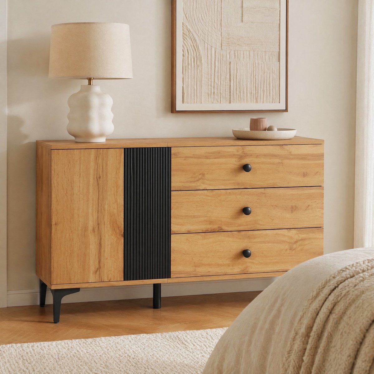 COVREO Dressoir 120 x 35 x 76 cm - 3 lades, deuren, zwart en naturel